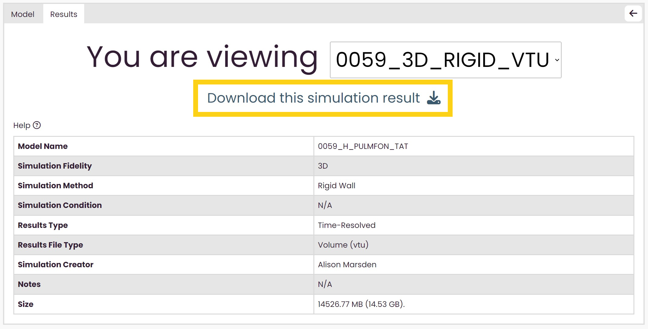 Download link for simulation results tab